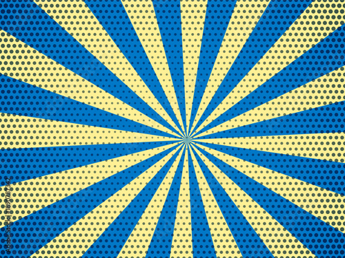 Dynamic blue and yellow radial sunburst background featuring a retro halftone dot pattern ideal for pop art designs promotions and announcements