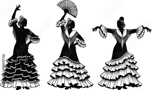 Spanish, Flamenco, dancers, silhouettes, wearing, traditional, ruffled, dresses, and, holding, fans, performing, cultural, folk, dance, isolated, on, white, background, vector