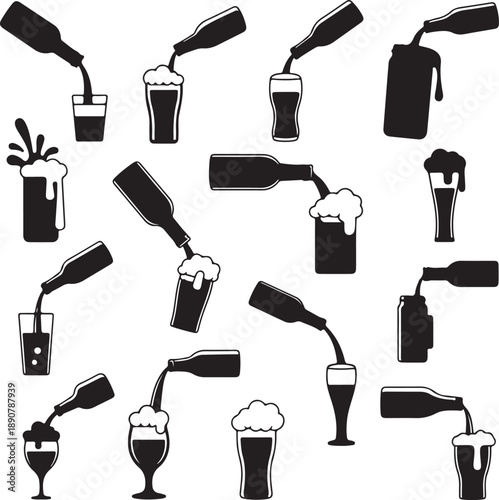 black silhouettes of beer bottles pouring into glasses