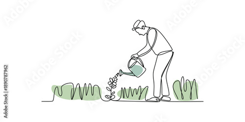 A person waters plants with a watering can in a continuous line art illustration