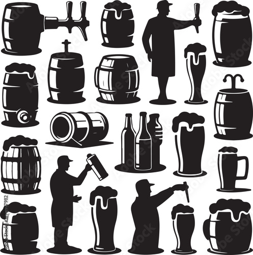 black silhouettes of beer glasses and barrels with people  beer icons