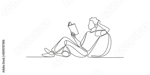Minimalist continuous line drawing of a man relaxing and reading a book