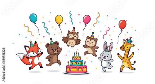 Colorful cartoon animals celebrating birthday with rainbow cake
