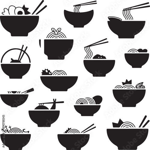 black silhouettes of bowls with noodles and chopsticks