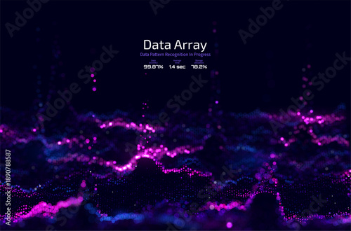 Futuristic data array visualization with flowing particle waves and digital interface representing big data analysis, pattern recognition, artificial intelligence, machine learning vector background