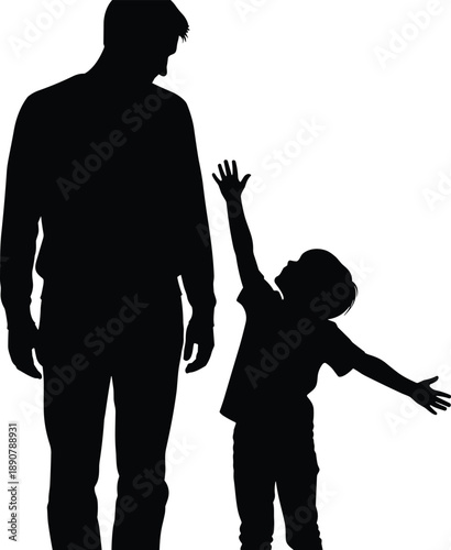 Father and son silhouette, parenting and family concept, dad looking at child reaching up, love, protection, childhood, growth, vector, isolated.