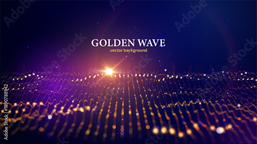 Visualization of flowing, dynamic wave composed of shimmering golden particles. Concept of success and elegance. Good for high-end branding luxury product packaging and exclusive gala event invitation