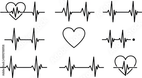 Heartbeat and ECG line icon set illustration featuring heart rate waveforms, pulse signals and cardiac rhythm symbols for medical monitoring, healthcare design and cardiology concepts