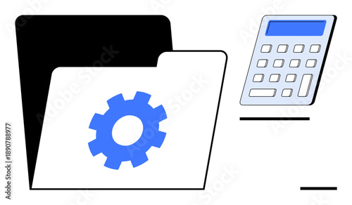 Office work, data organization, bookkeeping, file management, accounting solutions, workflow efficiency. Black folder with a gear symbol and a calculator. Data organization and bookkeeping concept