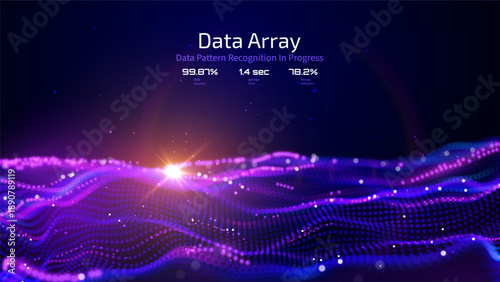 Futuristic data array visualization with flowing particle waves and digital interface representing big data analysis, pattern recognition, artificial intelligence, machine learning vector background