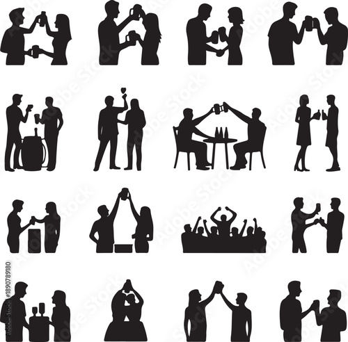 black silhouettes of people drinking and socializing in various settings