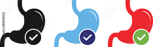 Stomach health approval icon set in different colors isolated on white background, representing digestive wellness, medical checkup results, healthcare validation, diagnosis success, and healthy