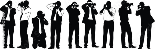 Professional photographers silhouette set taking photos with cameras, paparazzi media press group, journalist photography event icons, isolated on white background.