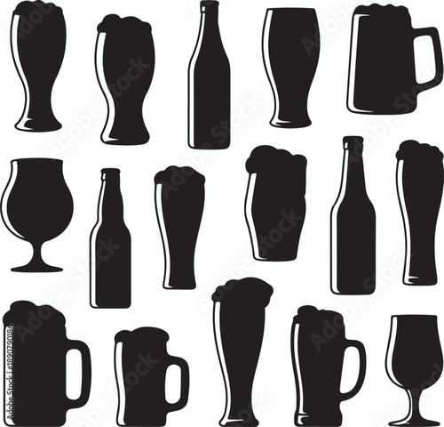 black silhouettes of various beer glasses and bottles on white background