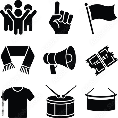 Fan support icons representing sports cheering crowd enthusiasm foam finger flags scarves and megaphone visuals