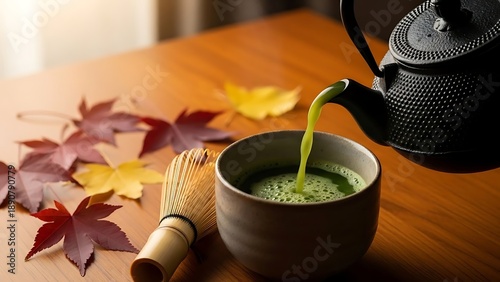 Wallpaper Mural Green Tea Being Poured into Ceramic Cup. Torontodigital.ca