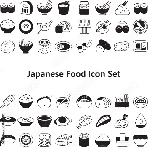 Collection of various Japanese food icons on white background