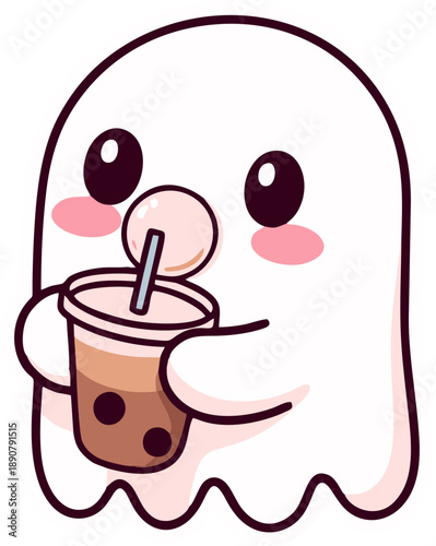 A cute kawaii ghost with pink cheeks happily drinking a boba milk tea. A charming and playful character illustration with bold outlines