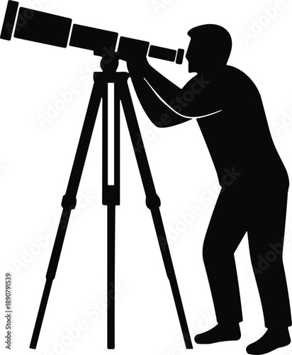 Astronomy silhouette, telescope observer, stargazing figure, night sky exploration, scientific curiosity, tripod telescope, space observation, black graphic, educational concept