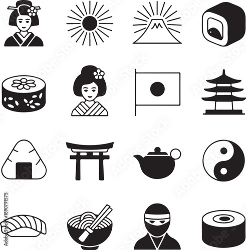 Japanese culture and food icons set including sushi and geisha