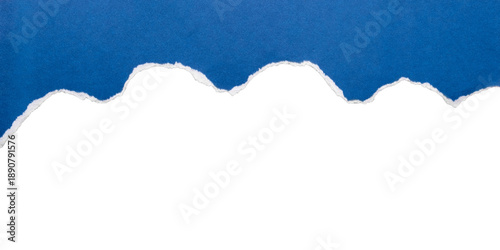 Ripped blue paper footer border with wavy tear line, isolated on transparent background