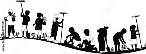 Children gardening silhouette illustration with plants and tools, environmental education concept, teamwork outdoor activity, eco friendly learning, black vector design isolated white background