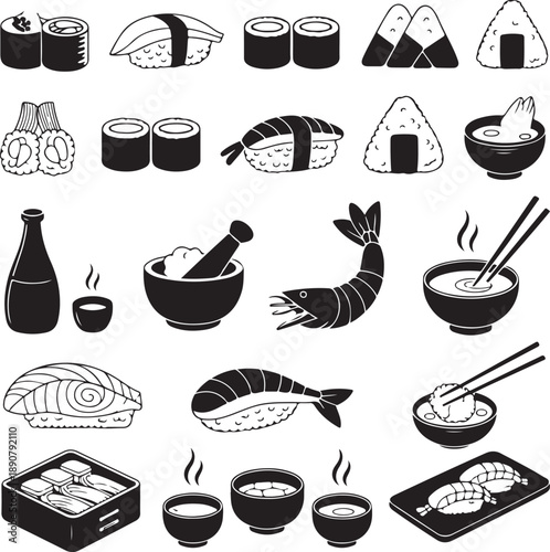Japanese sushi and seafood icons with bowls and chopsticks