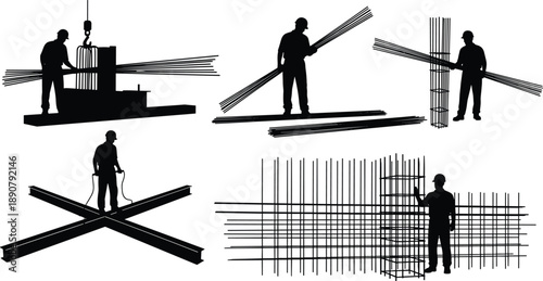 Construction worker silhouette handling steel rebar, industrial building process illustration, reinforced concrete framework, civil engineering concept, labor safety scene, black vector isolated