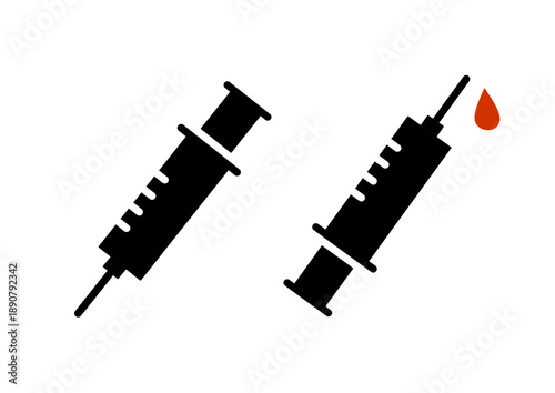 syringe icons set featuring a medical needle with a red blood