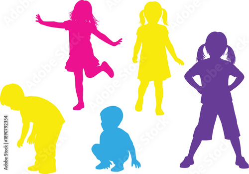 Colorful child silhouettes in playful poses, standing, squatting, kicking, bending, expressing joy, energy, diversity, and movement