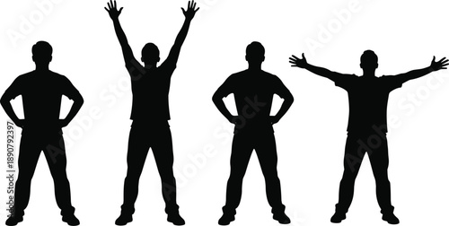 Human silhouette, body posture, standing figure, raised arms, expressive pose, black illustration, gesture study, physical stance, white background