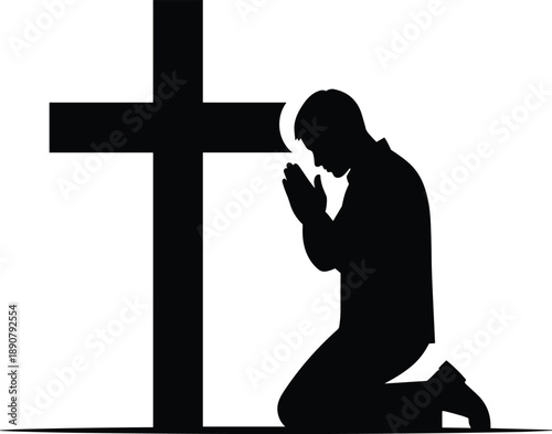 Man praying silhouette illustration, kneeling worship at Christian cross, faith spirituality concept, religious devotion, black and white vector isolated on white background, design artwork