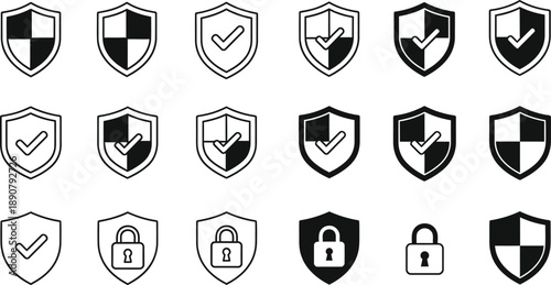 A comprehensive collection of security icons featuring shields, checkmarks, and padlocks in various line art and solid fill styles for digital protection concepts.
