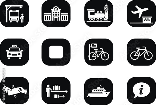 A comprehensive collection of transportation and travel icons, featuring various modes of public transport and related services in a minimalist black and white style.
