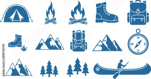 A comprehensive collection of blue icons representing camping, hiking, and outdoor adventure activities, including a tent, campfire, and mountains.