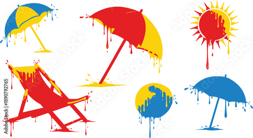 A collection of colorful summer icons featuring beach umbrellas, a sun, and a deck chair with artistic paint drip effects.