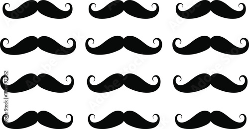 Mustache silhouette pattern, vintage style, black icons, whimsical design, classic curls, decorative layout, retro grooming, symmetrical grid, facial hair, barbershop theme, quirky illustration,