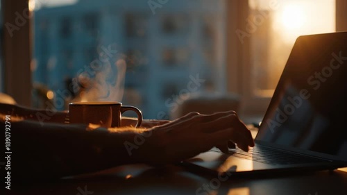 Person working on laptop with cup of coffee at sunrise or sunset.