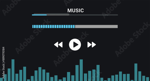 Digital music player interface with playback controls, progress bars, and equalizer display for modern audio app UI design