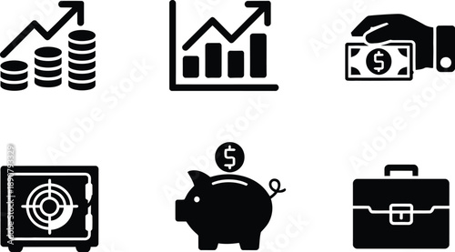 Finance and investment icons illustrating stocks savings growth analytics and wealth management for fintech apps dashboards and web platforms