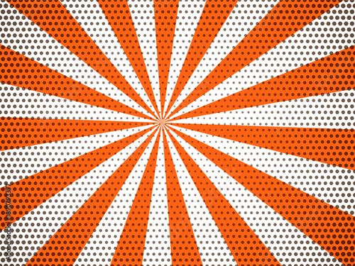 Dynamic orange and white sunburst pattern featuring a halftone dot texture ideal for vintage comic style backgrounds and graphic design projects