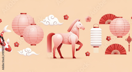 Lunar New Year seamless border with elegant pink horse, traditional lanterns, fans, and swimming koi fish, symbolizing prosperity and good fortune