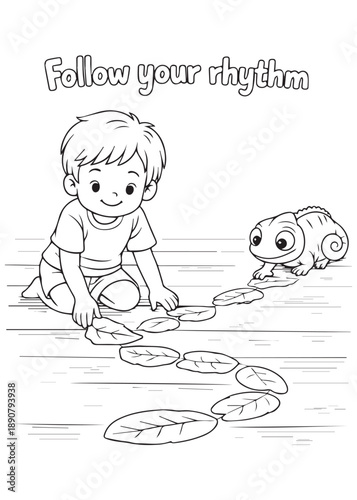 coloring book young boy arranging leaves by the water with a cute chameleon, learning rhythm, flow, and patience through nature play