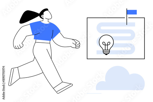 Business innovation concept. A woman strides confidently towards an idea board, innovation and strategy. Business innovation, creative strategy, and teamwork exploration. Ideal for marketing