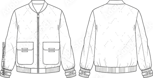 Quilted, bomber, jacket, technical, drawing, flat, sketch, vector, illustration, apparel, design, template, outerwear, clothing, outline, casual, garment, fashion, zip, up