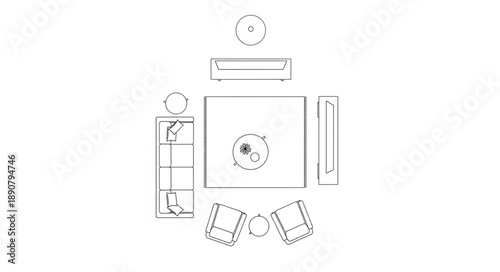 Interior design layout plan for a living room with furniture arrangement.