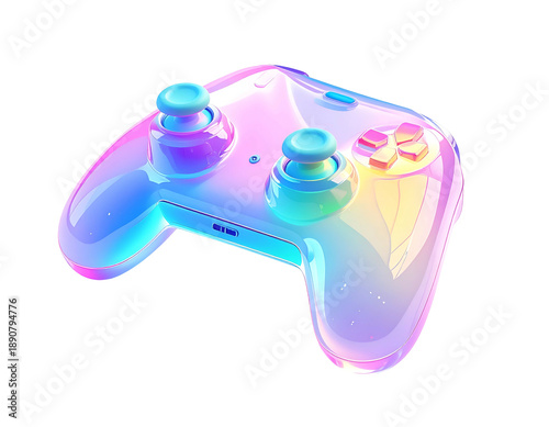 A shimmering, iridescent gaming controller against a stark black backdrop