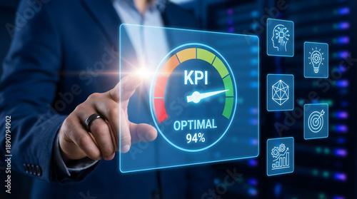 Businessman hand interacts with a futuristic digital KPI screen showing optimal performanc