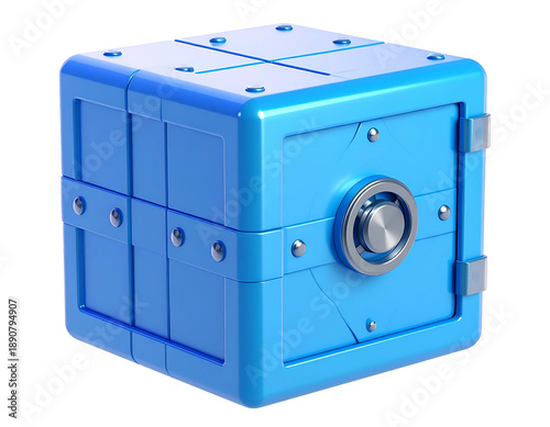 A geometric blue safe, designed with a classic dial and bolted panels