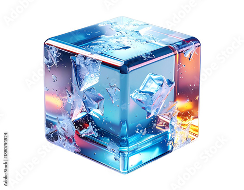 Fractured ice cube, translucent with shattered shards, vibrant color gradients